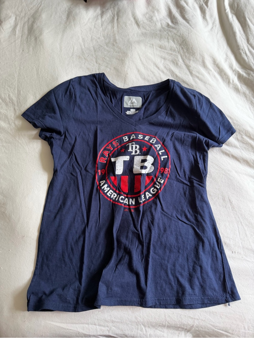 Majestic Navy Short Sleeve V-Neck Tee with Red & White Team Graphic